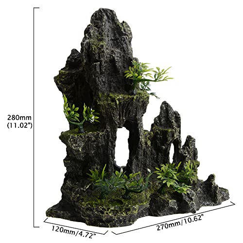 11 Inch Large Aquarium Decor, Tall Resin Mountain Rock Cave with Plants for Natural Aquascape – Realistic Fish Tank Decorations & Hiding Place for Betta, Shrimp, Cichlids