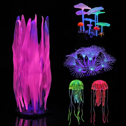 Lpraer 5 Pack Glow Aquarium Decorations Kelp Coral Mushroom Sun Flower Jellyfish Simulation Glow Plant Glowing Effect Silicone for Fish Tank Decorations - color: 5 Pcs(kelp+mushrooms+sun Flower+2x Jellyfish)