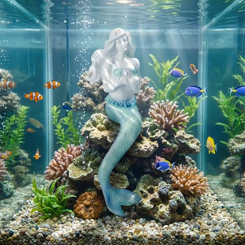 Unique Mermaid Aquarium Decorations - Resin Fish Tank Décor Thematic Ornaments, Waterproof & Non-Toxic Mermaid Statue for Enchanting Aquarium Display, Item (Blue)