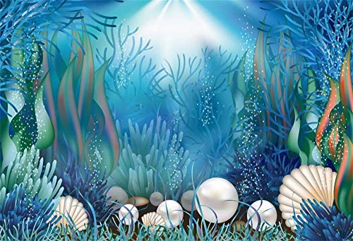 AOFOTO 10x6.5ft Fairytale Undersea Pearl Shell Backdrop Deep Sea Plants Coral Pearl Mussels Underwater Mermaid's Shelter Background for Photography Happy Birthday Party Banner Baby Shower Photo Booth - size: 10x6.5ft