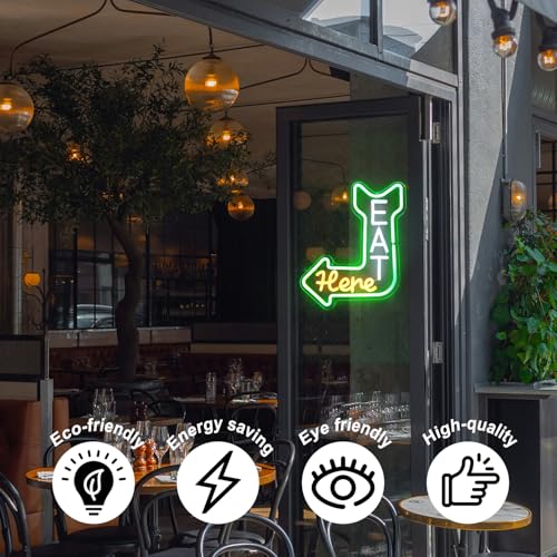 Eat Here Neon Sign Kitchen Neon Signs for Wall Decor with Arrow Guidance Green Orange White Eat Dimmable LED Sign Diner Neon Signs for Wall Bar Restaurant Kitchen Man Cave Decor - color: Green Orange White