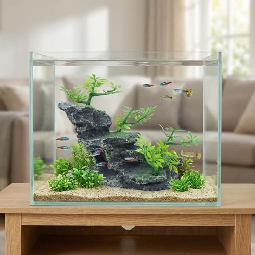 Aquarium Ornament Resin Mountain Fish Tank Decorations with Artificial Plants – Fish Tank Decor Rock Hideout for Betta, Snails, Turtle, Shrimp, Ideal for Aquascaping & Landscaping