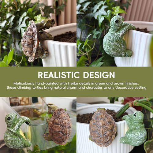2pcs Resin Turtle Figurines for Pot Edge and Aquarium Decor, Realistic Climbing Green and Brown Decorative Turtles