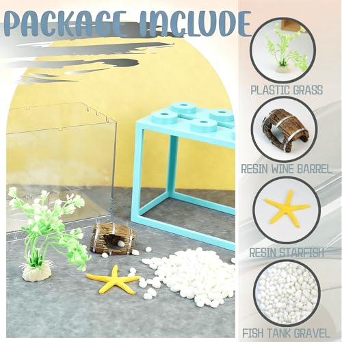 Small Betta Fish Tank, Stackable Mini Fish Tank Tiny Aquarium Kit with Aquarium Gravel & Resin Decorations, 0.6 Gallon Cube Desktop Fishbowl for Snails, Crabs, Starfish (Light Blue) - color: Light blue