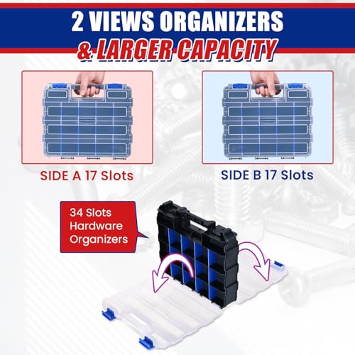 NYXOVA Small Parts Organizer, Hardware Organizer Box, 2 Pack Double Side 34 Compartments Hardware Organizers with Removable Plastic Dividers for Screws Nuts Nails Bolts (Blue) - color: Blue