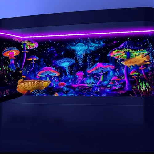 48X24IN Blacklight Mushroom Jellyfish Aquarium Background UV Reactive Background Starry Sky Terrarium Background with 10 EVA Double-Sided Tape - size: 48X24in/120X60cm