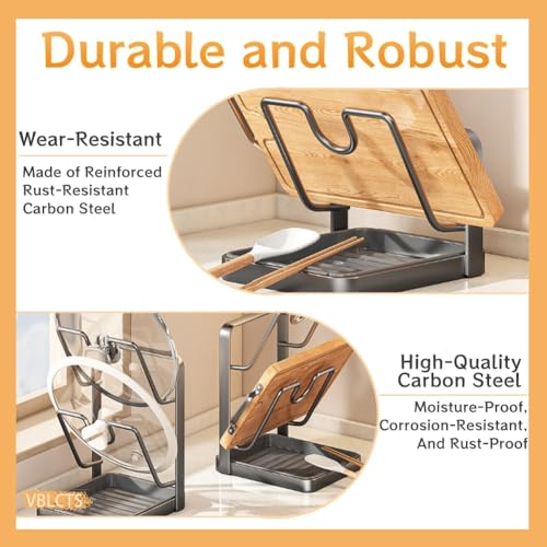Pot Lid Holder Kitchen Organizer Rack with Drip Tray Functional Double Layer Countertop Storage Lids Solution for Cooking Pots and Pans While Cooking Cover Crock Holders Inside Cabinet Door
