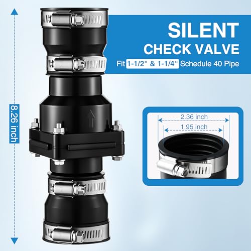 Tellingyou Sump Pump Check Valve Fits 1-1/2 inch or 1-1/4 inch Pipe, Slip On Check Valve with 4 Pcs Stainless Steel Hose Clamps, PVC Flapper Sump Pump Valve Sump Pump Life Expectancy Increase