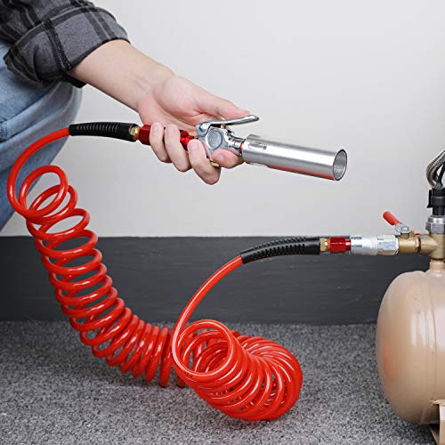 Hromee 1/4 in x 25 ft Polyurethane Recoil Air Hose with Bend Restrictors Compressor Hose with 1/4" Industrial Universal Quick Coupler and I/M Plug Kit, Red - size: 25FT