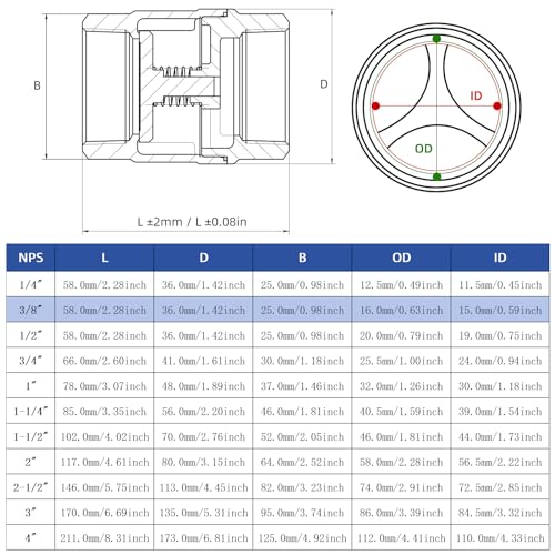 3/8" NPT Stainless Steel Spring Check Valve, WOG1000 NPT Thread unleaded In-Line Vertical Check Valve Non Return One Way Counterflow to Prevent the Medium Backflow for Oil Water Gas Air DN10 - size: 3/8"-NPT