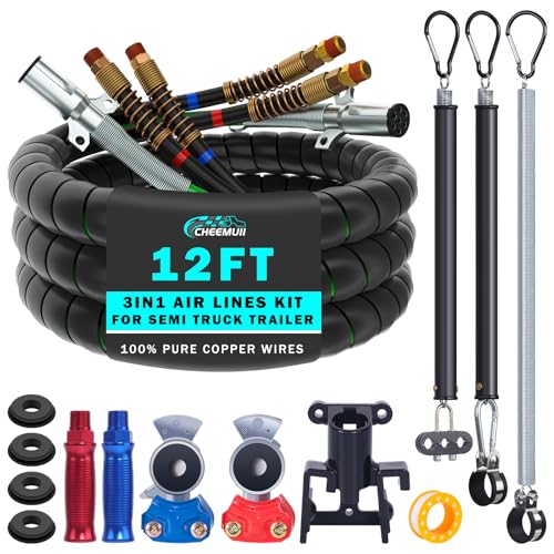 CheeMuii 12FT Semi Truck Air Line Kit with Gladhands Air Line Holder and Springs Kit 7 Way Trailer Cord and Air Brake Hoses 3-in-1 Air Lines Set for Semi Truck Trailer Tractor - size: 12FT-Black