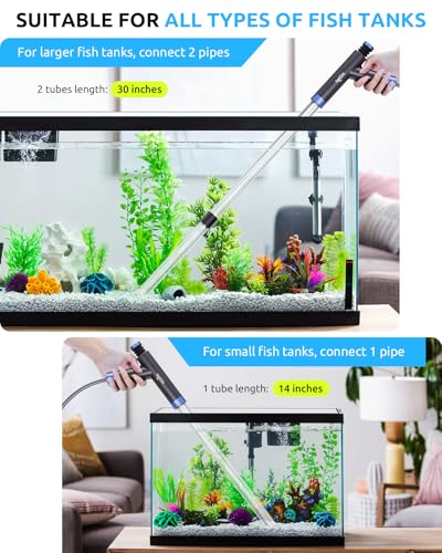 SEAOURA Aquarium Siphon Pump Gravel Cleaner, Fish Tank Vacuum Gravels Cleaning Kit, Manual Water Changer with Air Push Button, Aquariums Sand Clean Set, Hose for Suck Manure Wash Sand - color: Silver gray + Navy blue