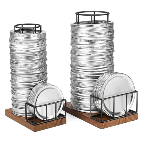 2PCS Mason Jar Lid Organizer & Holder (Wide Mouth & Regular Mouth) Iron Ball Jar Wooden Storage Accessories for Home Kitchen Organization Fit Mason/Canning/Bamboo Lids, Holds 20 Lids & 20 Rings