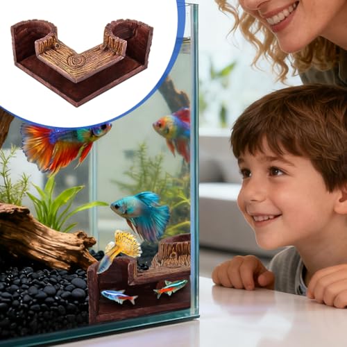 Aquarium Underground Corner Cave, Natural-Looking Wood-Like Viewing Fish & Shrimp Under Gravel Tunnel Fish Tank Decor Decoration Hideout for Corydora Catfish, Kuhli Loach, Pleco