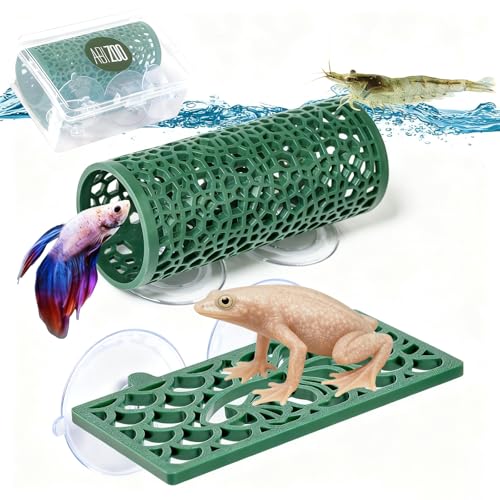 Abizoo Betta Fish Tunnel Hideout and Hammock Bed for Fish Aquarium Decoration, African Dwarf Frog Tank Accessories Hollow Design Habitat Cave for Betta Shrimp Guppies Neon Tetras Zebra Danios Snails - color: Dark green