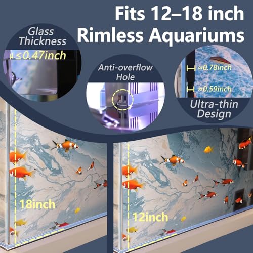 Ultra Slim Aquarium Overflow Box for Rimless Tanks, No-Drill Silent U-Tube Siphon, Dual Inlet Skimmer for Waste & Oil Film, 5000 L/H High Flow, Fits 12–18 inch Aquariums