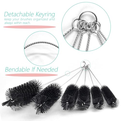 6 Pcs Straw Cleaner Brush Set, 12 Inch Long Pipe Tube Bottle Brushes for Narrow Neck Bottles, Hummingbird Feeders, Coffee Maker, Glass Cups - Includes Detachable Keyring