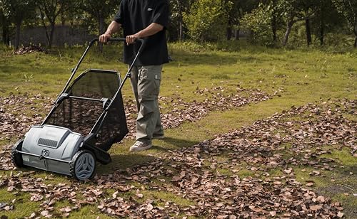 Dapper Supply 21-Inch Push Lawn Sweeper, Grass, Lawn and Leaf Cleanup Collector with Large 3.5 cu. ft. Hopper Bag, Durable Wheels, and Dual Spinning Brushes, Grey