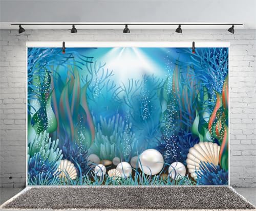 AOFOTO 5x3ft Fairytale Undersea Pearl Shell Backdrop Deep Sea Plants Coral Pearl Mussels Underwater Mermaid's Shelter Background for Photography Happy Birthday Party Banner Baby Shower Photo Booth - size: 5x3ft