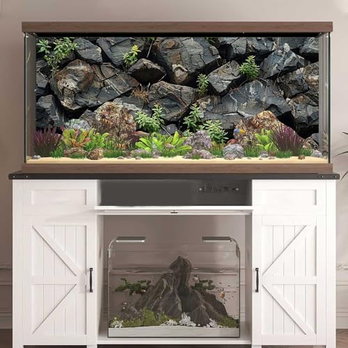 Stone Aquarium Background, Underwater Rock Plant Fish Tank Background Rocky Terrarium Background Black, Polyester Background with 6 EVA Double-Sided Tapes 48x24 inches/120x60 - color: Rock, size: 48"L x 24"W
