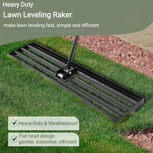 Lawn Leveling Rake, 42” x 10” Leveling Rake，Lawn Leveler w/ 72” Long Non-Slip Handle, Level Lawn Tool for Grass, Golf Field, Level Soil or Dirt Ground