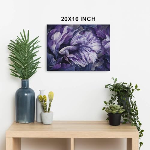 HomeGiftCentral Betta Fish Purple Dark Design 3 Canvas Wall Art Picture Prints Artwork Framed For Living Room Wall Home Decor Gifts For Family Art Easy Hanging - color: Design 3, size: X-Large(24x20in)