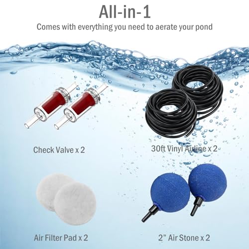 All-in-One Pond Aerator for Outdoor Ponds, Flow Adjustable Pond Air Pump Aeration Kit with Airline Tubing Air Stones Check Valves