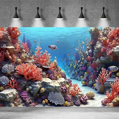 Underwater Aquarium Background Turquoise and Pastel Pink Colored Coral Reef Anemone and Sea Plants Terrarium Background Tropical Marine Panorama Landscape Fish Tank Backdrop Decorations 24x12in - color: Blue Purple, size: 24(W)x12(H)in