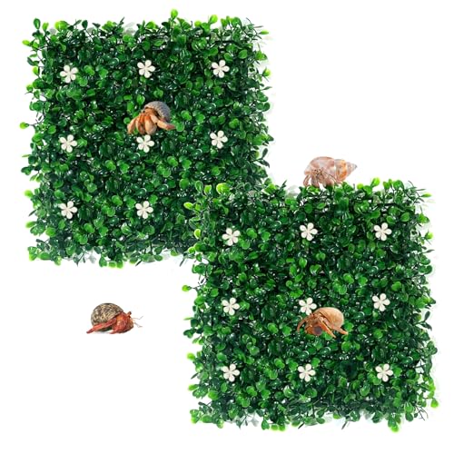 2 Pcs Hermit Crab Climbing Toys, 10 x 10 Inch Faux Grass Mat Climbing Wall for Gecko Lizard Reptile, Plastic Fake Turf Aquarium Plants for Saltwater Freshwater Tropical Fish Tank Decoration