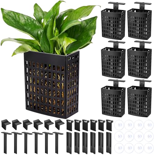 Mifoci 6 Pack Aquarium Plant Holder 3.35 x 2.17 x 4.53 Inches Adjustable Height with Suction Cups Extendable Hook Hanging Planter for Fish Tank Aquaponic Cultivation and Aquascape Decoration(Black) - color: Black