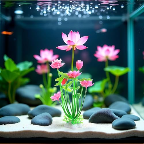 GANPUB 2Pcs Artificial Water Plants, Aquatics Grass Flower Simulation Plastic Artificial Lotus Fish Tank Ornament Aquarium Décor