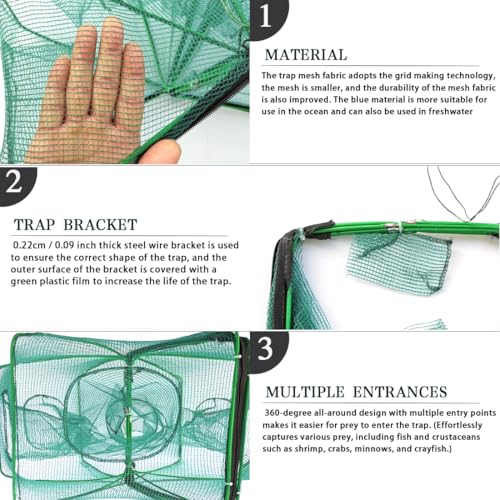 Drasry Black Fishing Bait Trap Foldable Fish Net for Minnow Crab Crayfish Crawdad Shrimp Trap Cast Net Dip Cage Collapsible Easy Use 4 6 Hole Fishing Accessories - color: green, size: 27.6*10.2 in（ 70*26 cm）, style: 1pcs 4 Entrance Holes