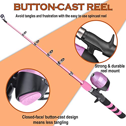 PLUSINNO Kids Fishing Pole, Portable Telescopic Fishing Rod and Reel Combo Kit - with Spincast Fishing Reel Tackle Box for Boys, Girls, Youth - color: Pink, size: 3.94 ft