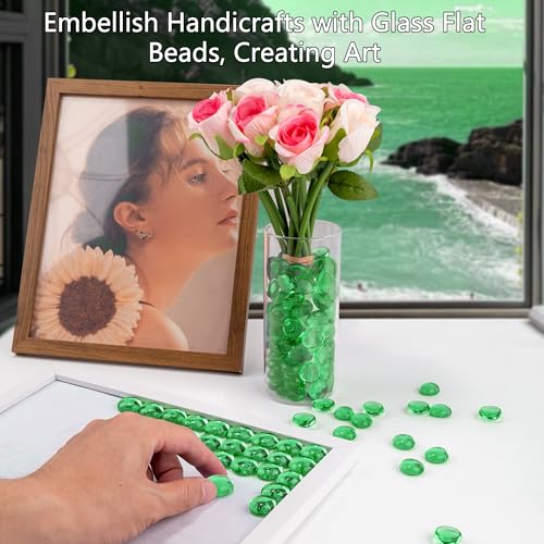 Green Glass Marbles, 0.97 LB Transparent and Smooth Flat Glass Beads for Vases, Mosaic Gem Pebbles for Aquarium Decor, Floral Arrangements, Mancala Stones, Vase Filler and Crafts (Approx. 80-100 PCS) - color: Green