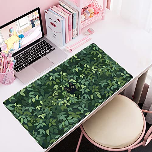 Cute Cat Kawaii Green Desk Mat - Large Gaming Mouse Pad & Keyboard Laptop Mat - Anime XL (31.5x15.7 in) - Non-Slip Base, Stitched Edges - color: Green Plants Black Cat