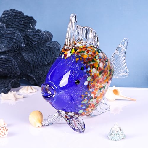 Large Hand Blown Glass Fish Figurines, Aquarium Sea Glass Art, Blue Orange Fish Statue Sculpture Modern Coastal Accent - for Beach Knick Knacks, Coffee Tables, Nautical Offices Centerpiece - color: Blue Orange