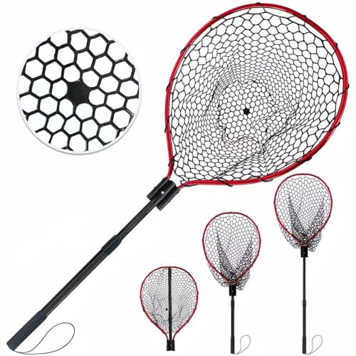 All Metal Telescoping Rubber Fishing Net with Handle Length: 59" Depth:19.7" Hoop: 26"x18" Large Silicone Fish Landing Net Pier/Kayak/Fishpond/Saltwater/Salmon Extendable Fishing Gear - color: Red