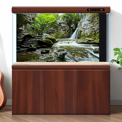 Waterfall Aquarium Background Rainforest Tropical Forest Dreamlike Natural Landscape Fish Tank Background Cascading Waterfall Tranquil Stream Reptile Tank Enclosure Backgrounds Wallpaper 24x12in - color: Brown_Green, size: 24(W)x12(H)inches/ 60(W)*30cm(H)