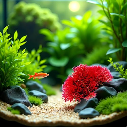 Red Artificial Flowers, Fake Flowers, Artificial Pine with Base Grass Fish Tank Ornament Aquatic Plant Landscape Decor, Aquarium Décor Plastic Plants