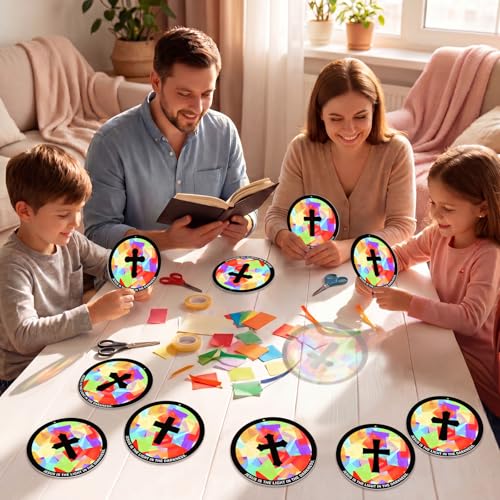 48PCS Sunday School VBS Crafts Bulk: Paper Cross Nativity Suncatchers, Jesus Religious Christian Activity DIY Kits Church Decorations, Window Stained Glass Effect Art Supplies(Round Shape) - style: round shape cross