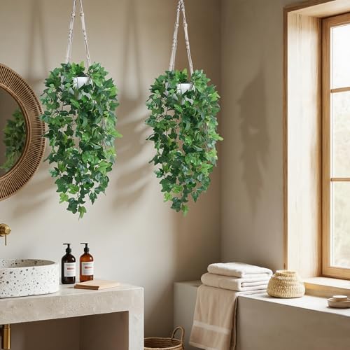 DREAMLOOM 2 Packs Fake Hanging Plants with Pots, Artificial Ivy Hanging Plants with Macrame Hanger for Indoor Decor, Fake Hanging Vines Faux Greenery for Home Kitchen Office - color: Ivy
