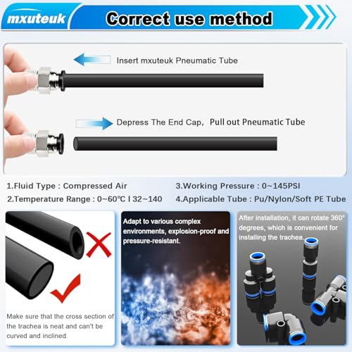mxuteuk 1/4" Air Line Tubing Kit,1/4" Air Hose Kit,1/4 Inch(6.35mm) OD x 32.8 Feet PU Tube with Push to Connect Fittings(15PCS) - style: 1/4" OD Hose