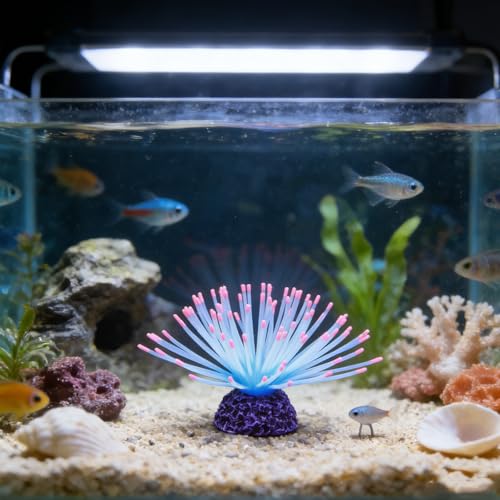 Glowing Sea Urchin Aquarium Decor - Fluorescent Rainbow Ornament with Weighted Base for Fish Tank, Safe Soft Silicone, Freshwater & Saltwater, Vibrant Glow Under Blue Light (Pink) - color: Pink