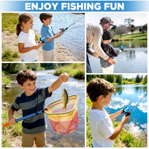 PLUSINNO Kids Fishing Pole with Spincast Reel Telescopic Fishing Rod Combo Full Kits for Boys, Girls, and Adults - color: Blue (with Fishing Net), size: 5FT / 1.5M
