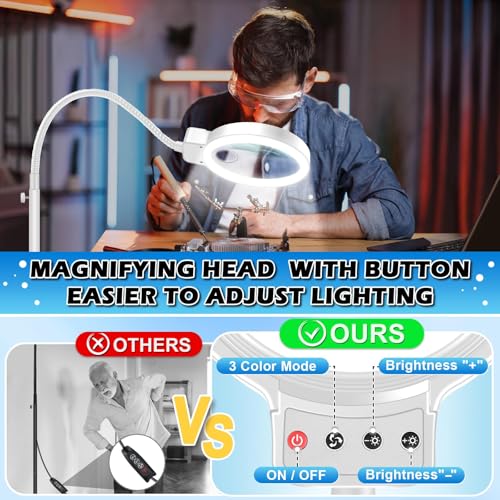 30X 10X Large Floor Magnifying Glass with Light and Stand,72 LED Flexible Gooseneck Floor Magnifying Lamp,2 in 1 Lighted Magnifiers for Close Work, Sewing,Crafts,Hobbies（White） - color: White