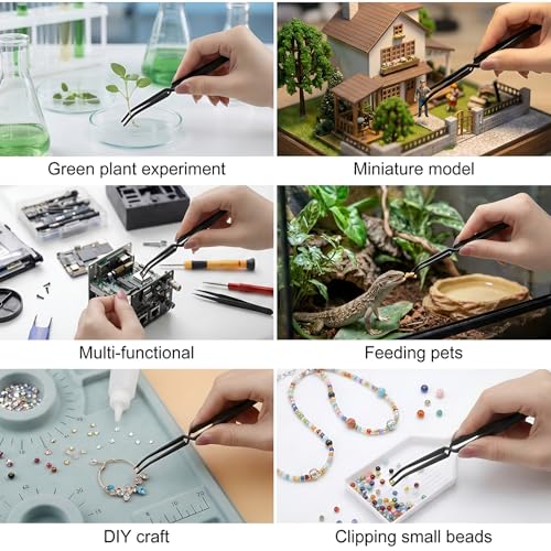 3 Pack Reverse Tweezers, ESD Safe Stainless Steel with Rubber Tips | cross-locking mechanism, straight & bent tip set, non-slip rubber tips, ideal for electronics repair, jewelry making, crafts