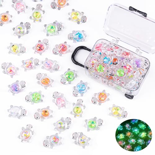 Anboor 30PCS Small Resin Turtle with 1 Pc Suitcase Boxes, Luminous Mini Resin Animals to Hide Sea Turtles Glow in The Dark Figurines for Fairy Garden Dollhouse Aquarium Decor (Sequins) - style: 30 Pcs Sequins