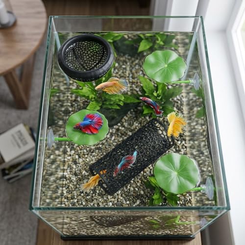 Betta Hammock, 5-Piece Set with Floating Betta Hide and Betta Fish Enrichment Toys, Aquarium Decor for Betta Fish Stress Relief and Natural Exploration, Includes Tunnel and Floating Bed
