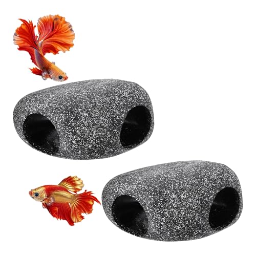Aquarium Decorations Rocks, 6.7x4.7x3.1 Inch Betta Hide Resin Realistic Fish Tank Ornaments, 2Pcs(Grey), Intended for Small Fish/Shrimp/Guppy - size: 6.7x4.7x3.1 Inch