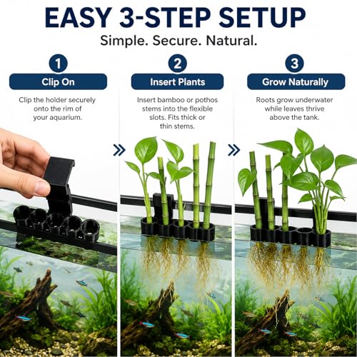 4-Pack Aquarium Plant Holder/Bamboo, Flexible Fish Tank Plant Holder for Rimmed Tanks up to 75 Gallon, Pothos & Bamboo Clips with 5 Slots for Plants Aquaponics